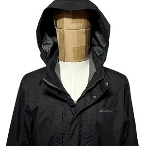 *Eddie Bauer Jacket Men Medium Black Waterproof Rain WeatherEdge Hooded Full Zip